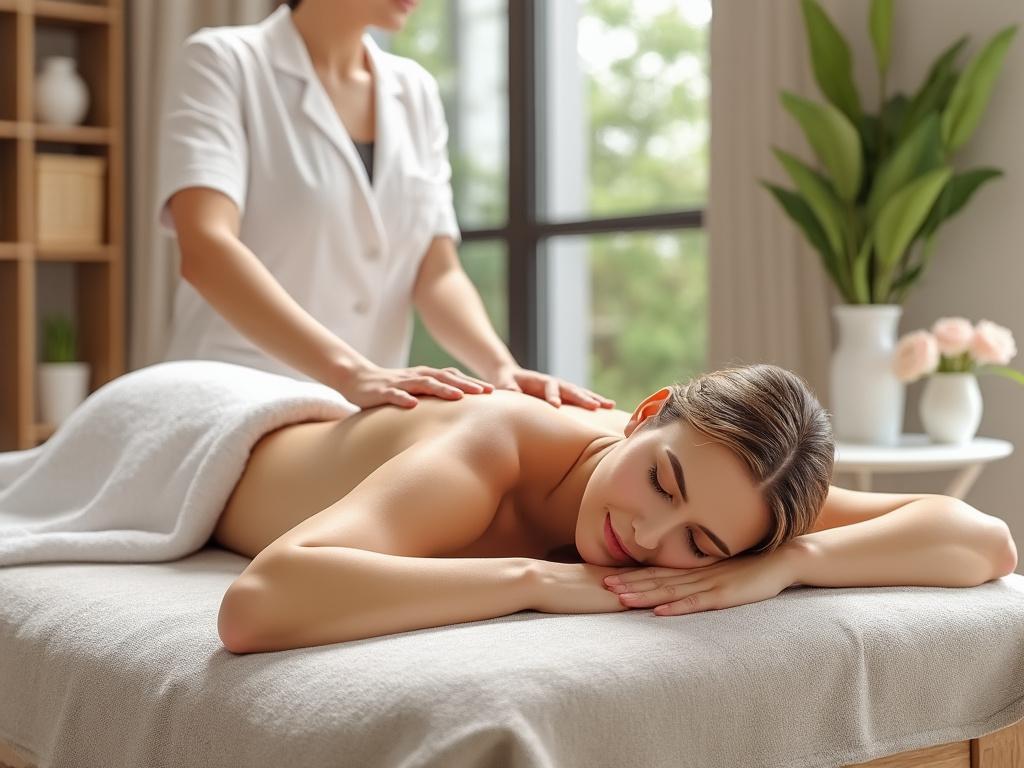 Woman enjoying a relaxing back massage in a serene spa setting with soft lighting and natural decor.