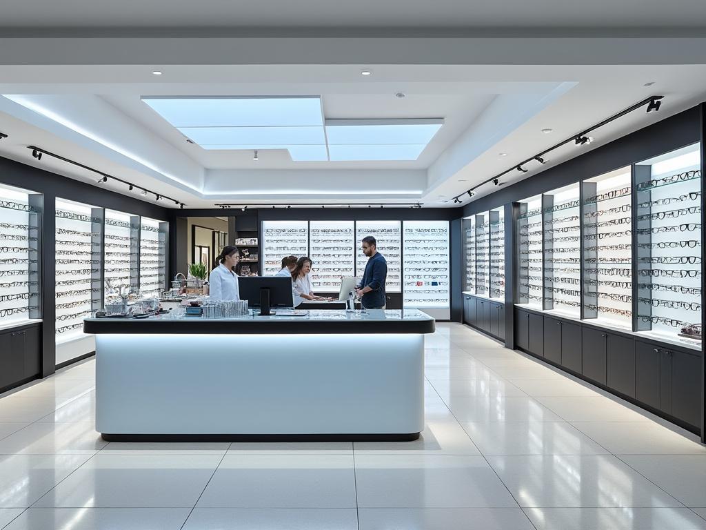 Interior de una óptica moderna con estantes de gafas y personas atendiendo.