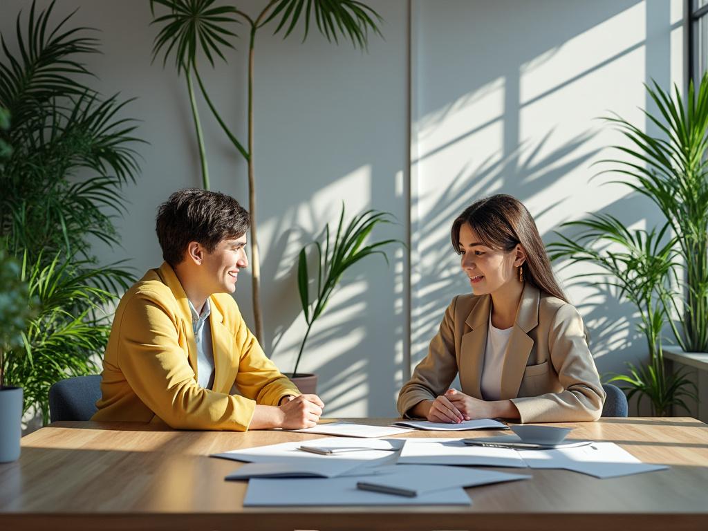 Dos personas en una reunión de negocios, sentados frente a frente en una mesa de oficina rodeada de plantas, iluminada por luz natural.