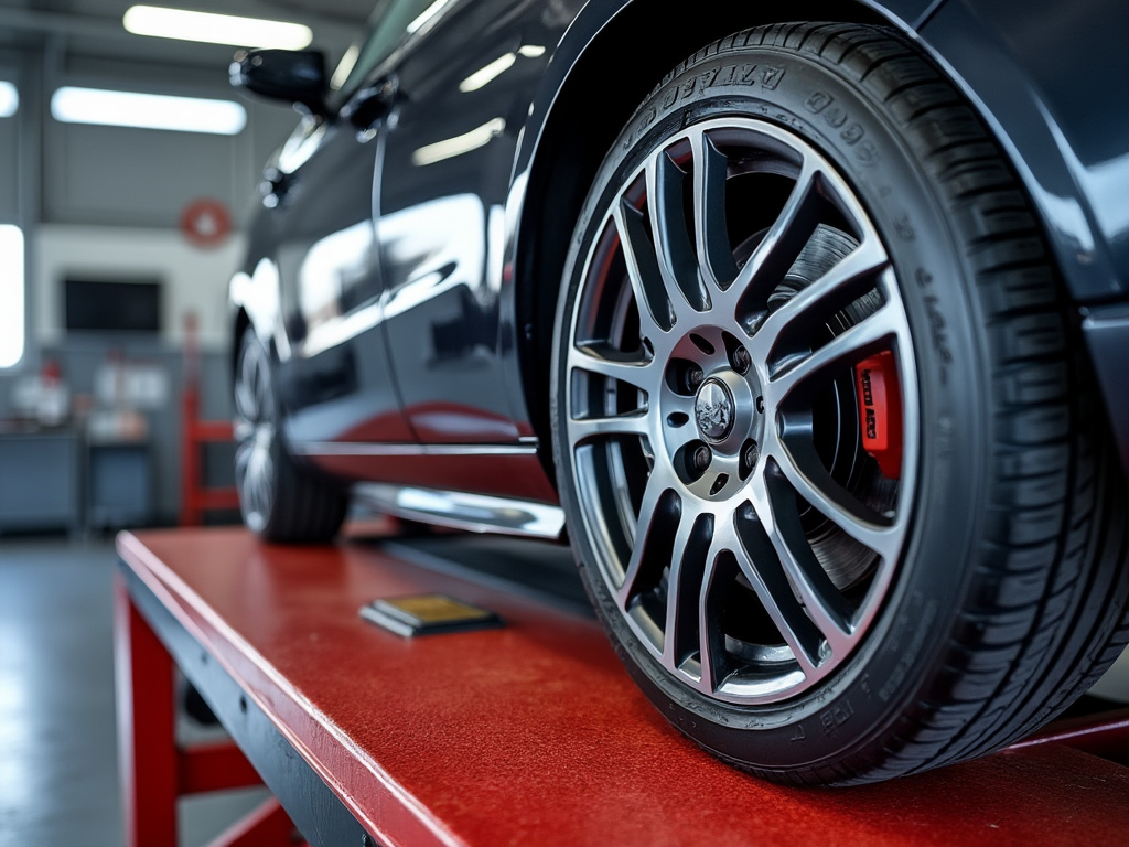 Automóvil deportivo en taller mecánico con ruedas de aleación sobre plataforma roja.