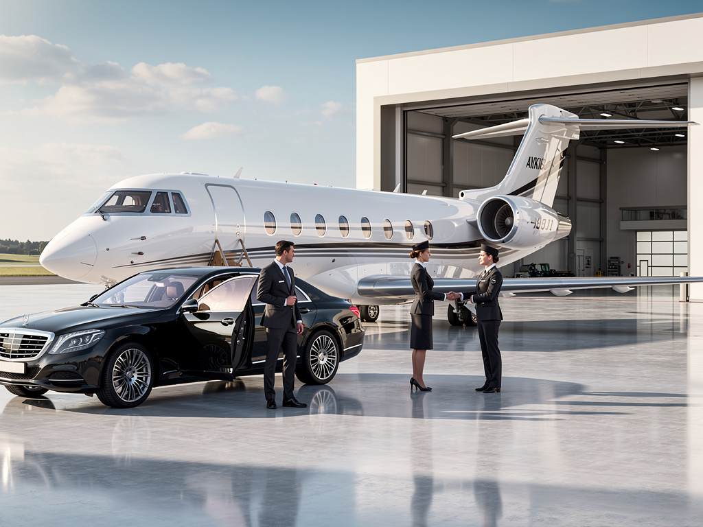 Jet privado de lujo frente a hangar con coche ejecutivo y tripulación dando la bienvenida a pasajeros