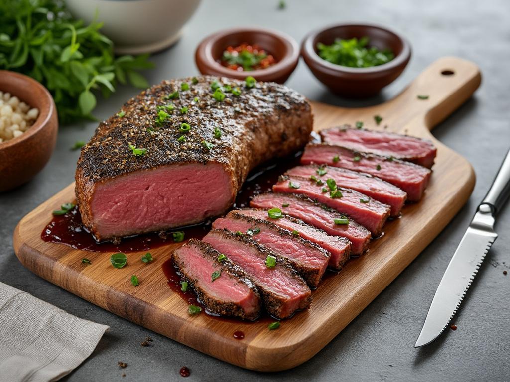 Carne asada en tabla de cortar, cortada en rebanadas gruesas, decorada con hierbas frescas.
