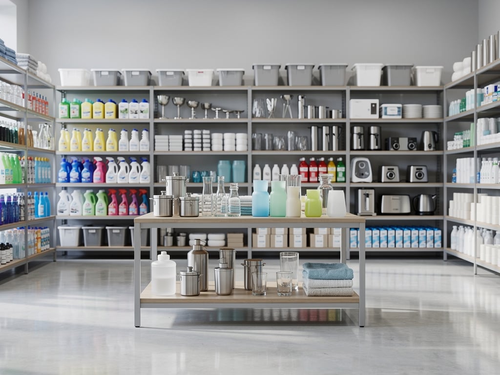 Tienda de artículos de limpieza y hogar con estanterías organizadas de productos, envases, toallas y utensilios domésticos