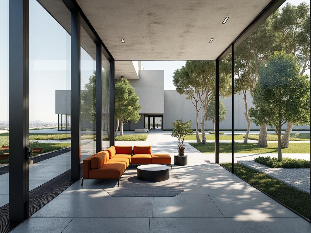 Sala moderna con sofá naranja y vistas al jardín a través de grandes ventanales.