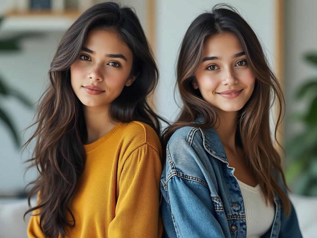 Dos mujeres jóvenes sonrientes, una con suéter amarillo y otra con chaqueta de mezclilla, posando juntas en un entorno interior.