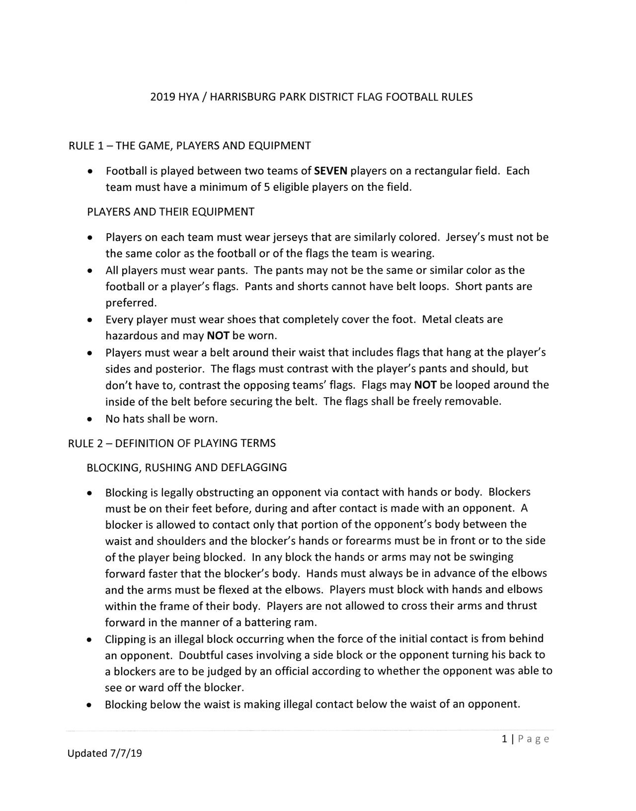 Harrisburg Township Park District Flag Football Rules