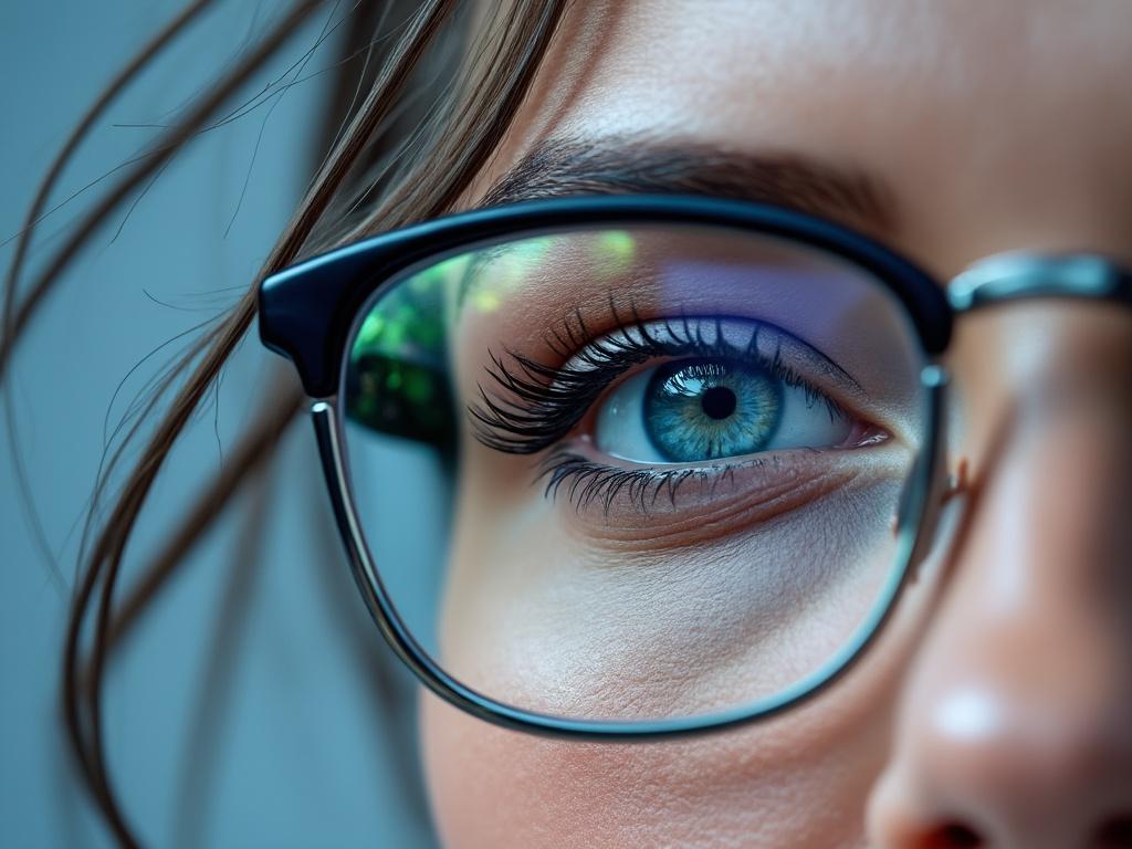 Close-up of a woman's blue eye with glasses highlighting detailed eyelashes and reflection.