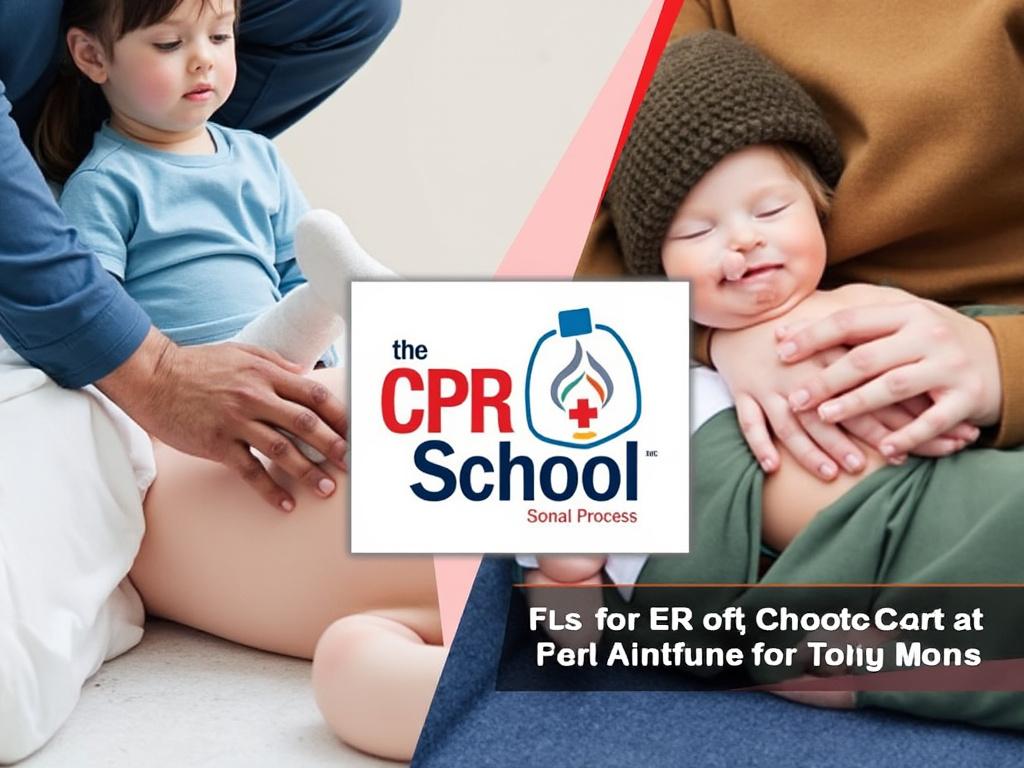 CPR training with a child and baby mannequin, featuring a CPR School logo.