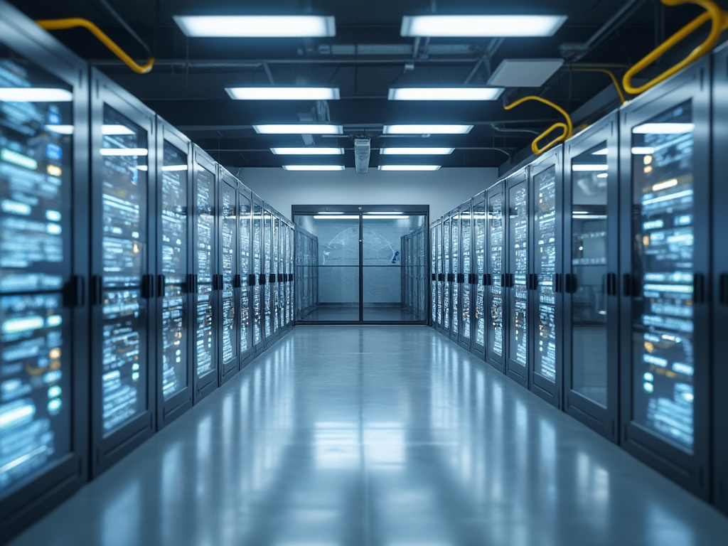 Pasillo de un centro de datos moderno con servidores iluminados y cables visibles.