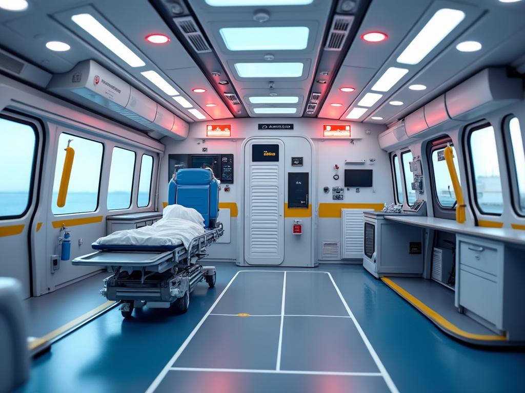 Interior de ambulancia moderna, equipada con camilla, luces LED y equipos médicos, vista desde la puerta trasera.
