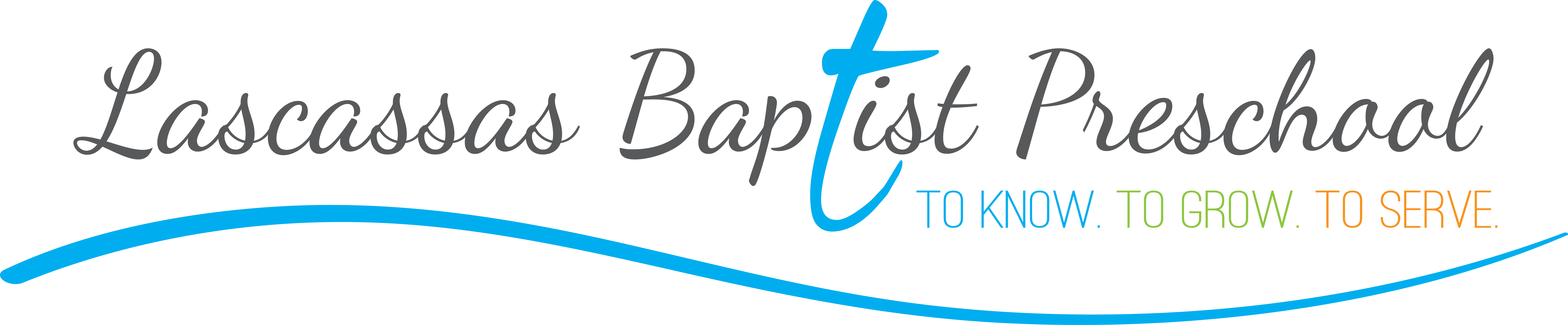 Logo of Lascassas Baptist Preschool with the slogan 'To Know. To Grow. To Serve.' and a blue curve beneath.