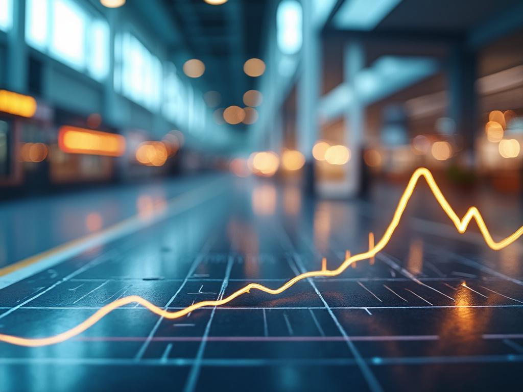 Gráfica de línea iluminada sobre fondo desenfocado en espacio interior moderno.