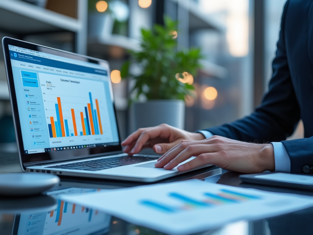 Persona trabajando en una computadora portátil con gráficos de barras en la pantalla, en un entorno de oficina moderno.