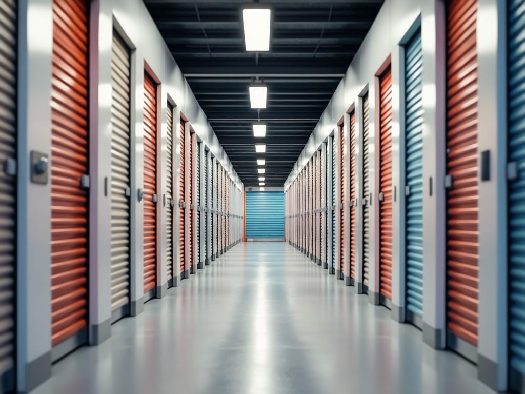 Pasillo con unidades de almacenamiento con puertas de colores en un edificio bien iluminado.