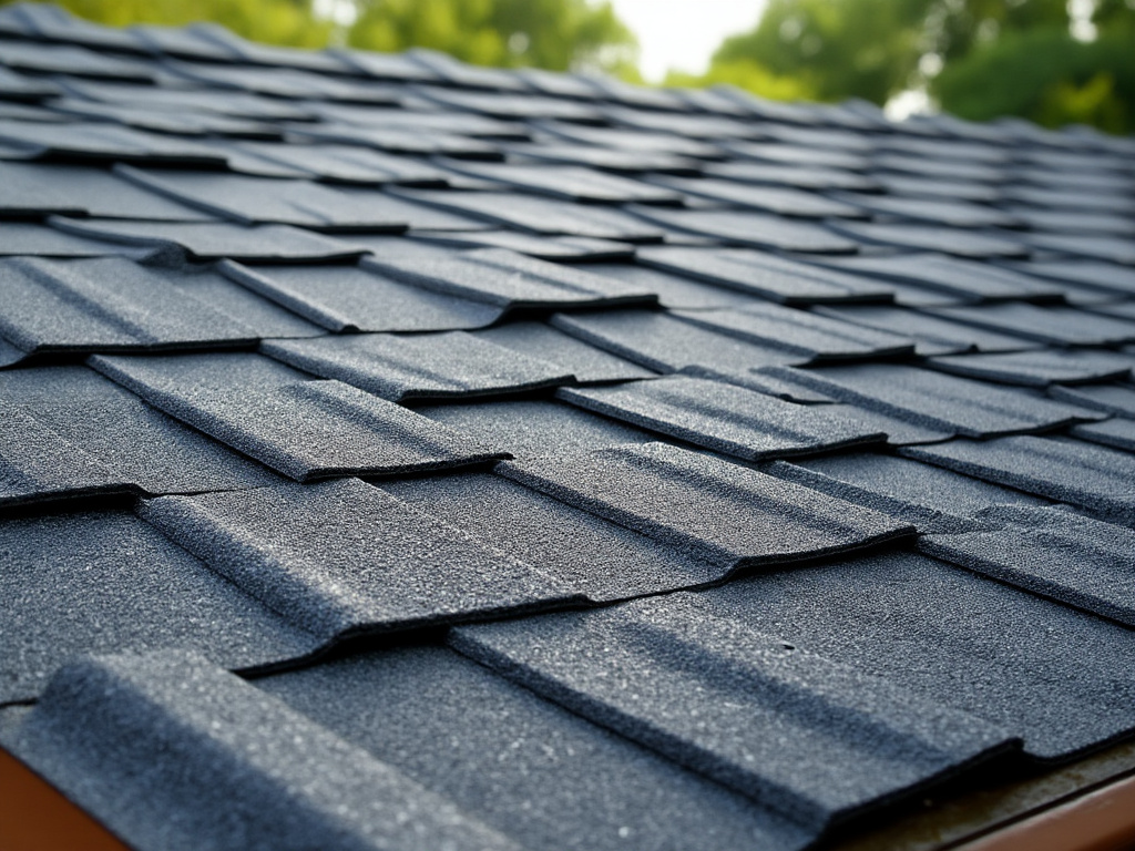 Close-up view of textured black roof tiles with green foliage background.