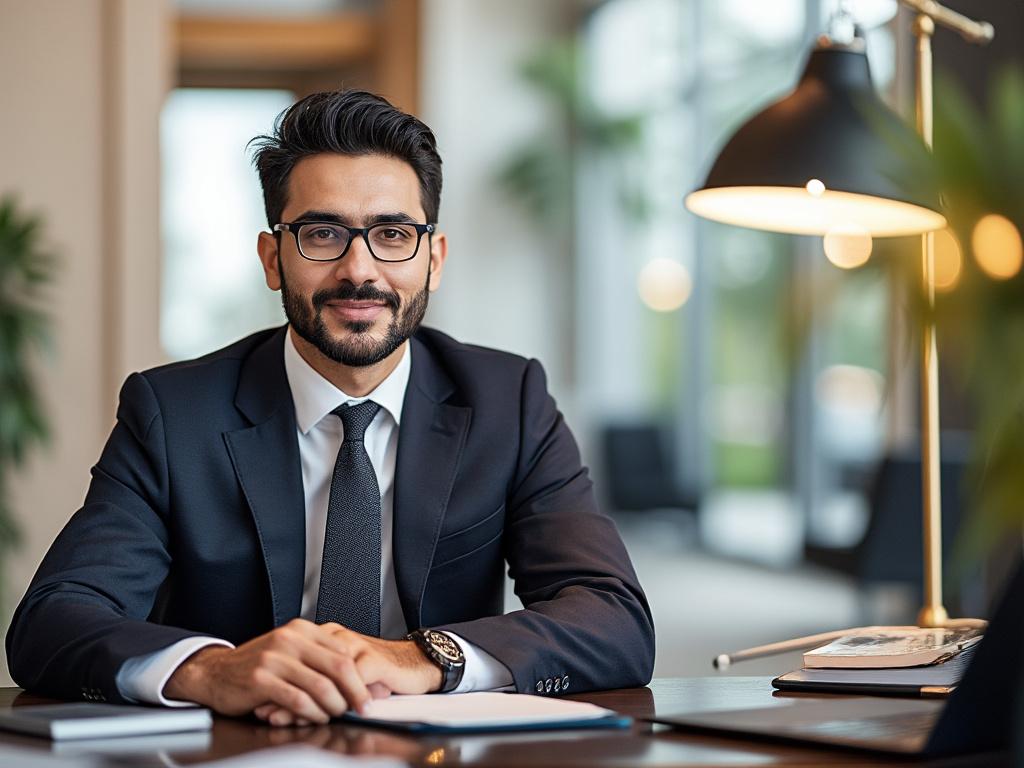Smiling man in a suit sitting at a desk with papers and a lamp in a modern office.