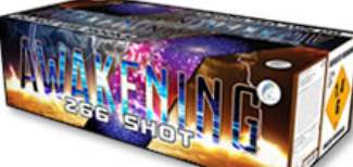 AWAKENING - Awakening is a stunning SIB / Compound consisting of three individual dual fused fireworks to give a total of 266 shots of vertical and fan firing effects lasting over 2 and a half minutes.  £250.