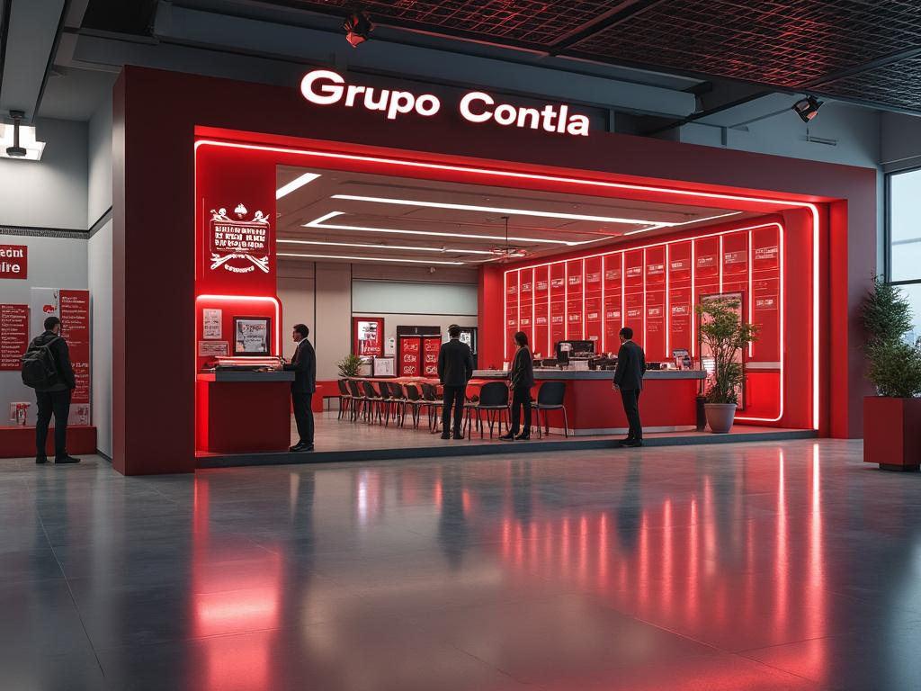 Stand de Grupo Contla en interior de exhibición, con diseño moderno en tonos rojos, mostrador y personas interactuando.