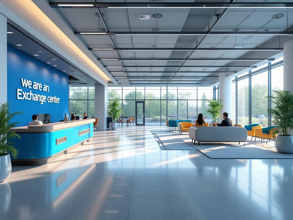 Espacioso vestíbulo moderno de centro de intercambio con mostrador de recepción azul, sofás, plantas y grandes ventanales.