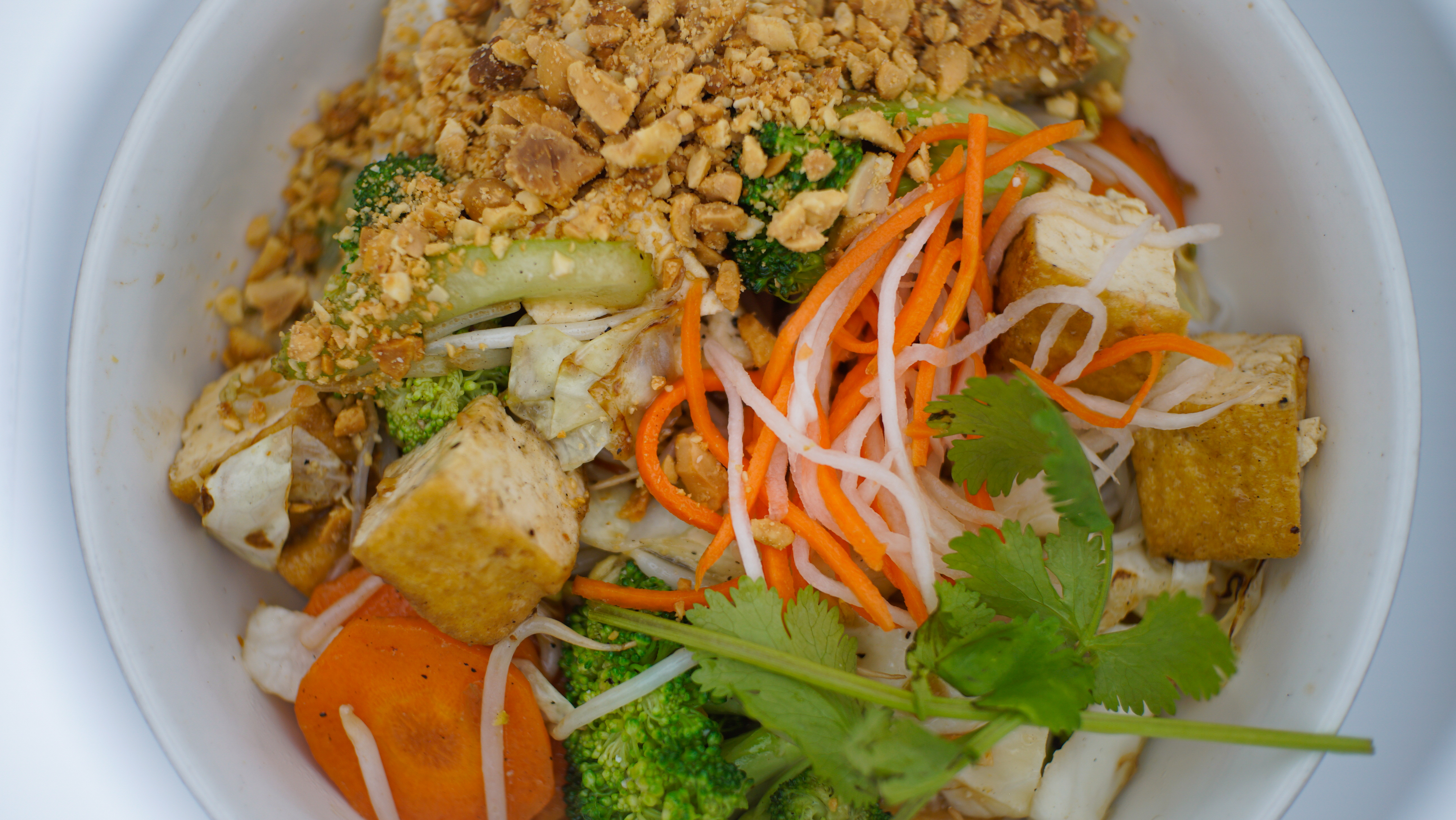 9V. BUN CHAY (G)*
Vermicelli Noodle Bowl w/
Stir Fried Vegetables and Tofu
Topped w/ Crushed Peanuts
