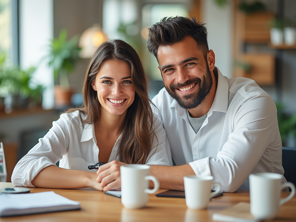 Pareja sonriente sentada en una oficina luminosa con plantas en el fondo.