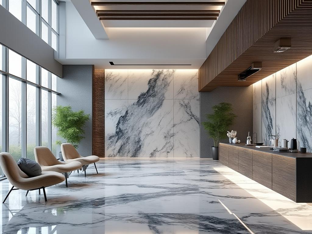 Moderno interior de oficina con paredes de mármol, sofás beige, plantas verdes y cafetera en mesa de madera.