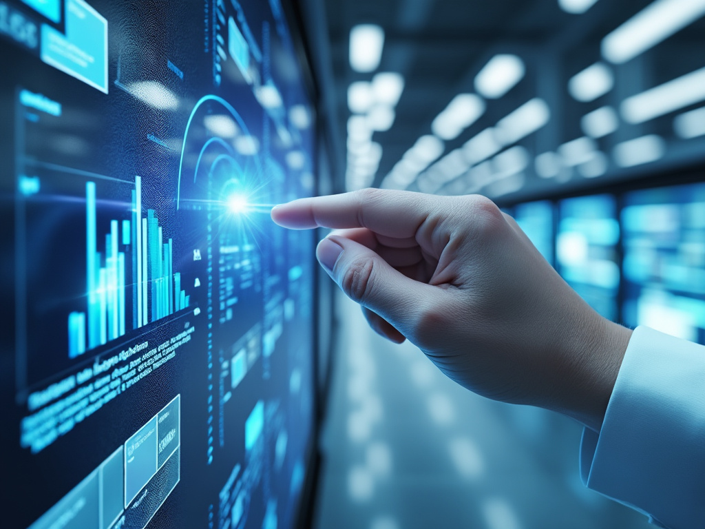 Mano apuntando a una pantalla táctil con gráficos de datos digitales en un entorno tecnológico.