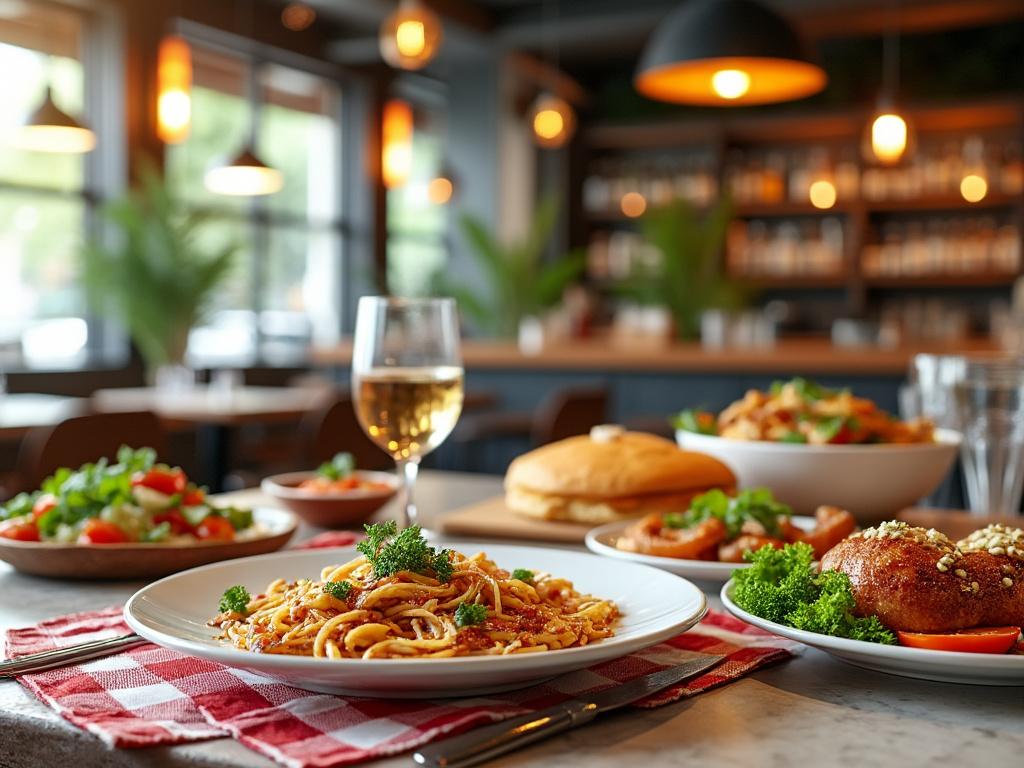 Mesa de restaurante con platos de pasta, ensalada, pollo asado y copa de vino, iluminación cálida.
