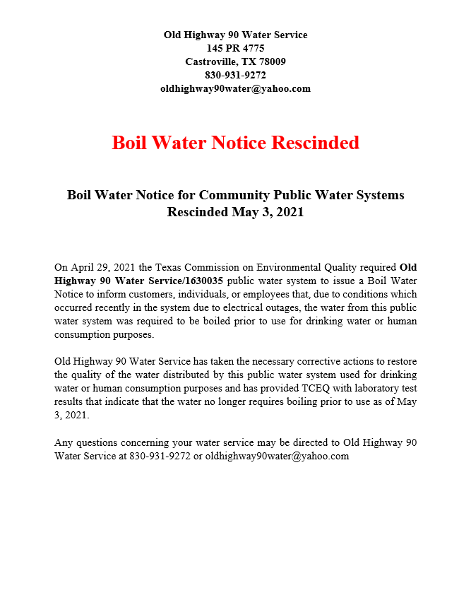 Old Highway 90 Water Service Notices