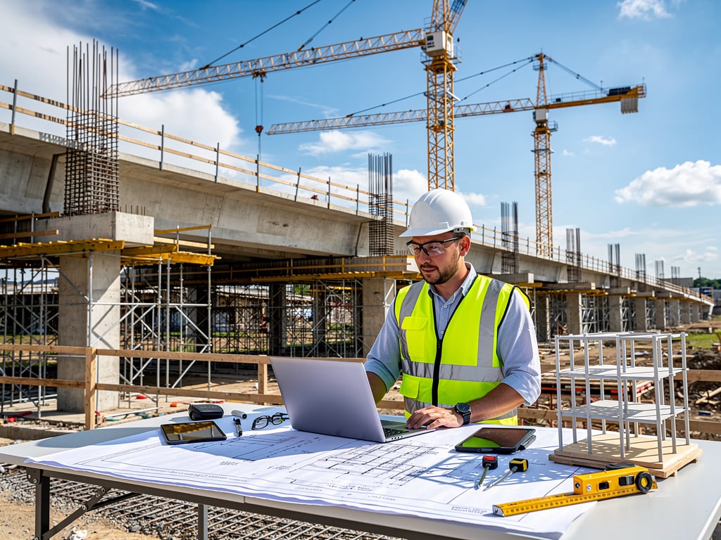 Ingeniero de construcción con casco y chaleco revisa planos en laptop en obra con grúas y estructura de hormigón