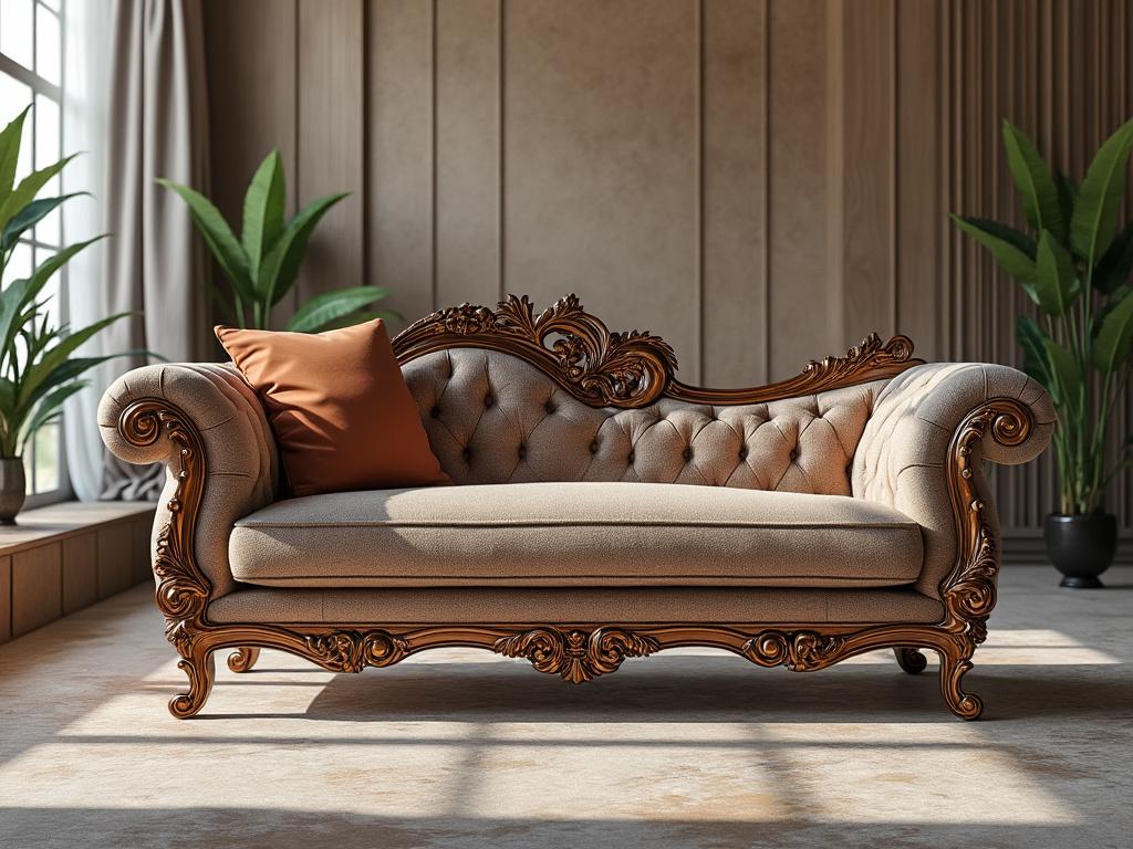 Elegant vintage sofa with ornate wooden carvings and plush cushions in a cozy living room setting, surrounded by potted plants.