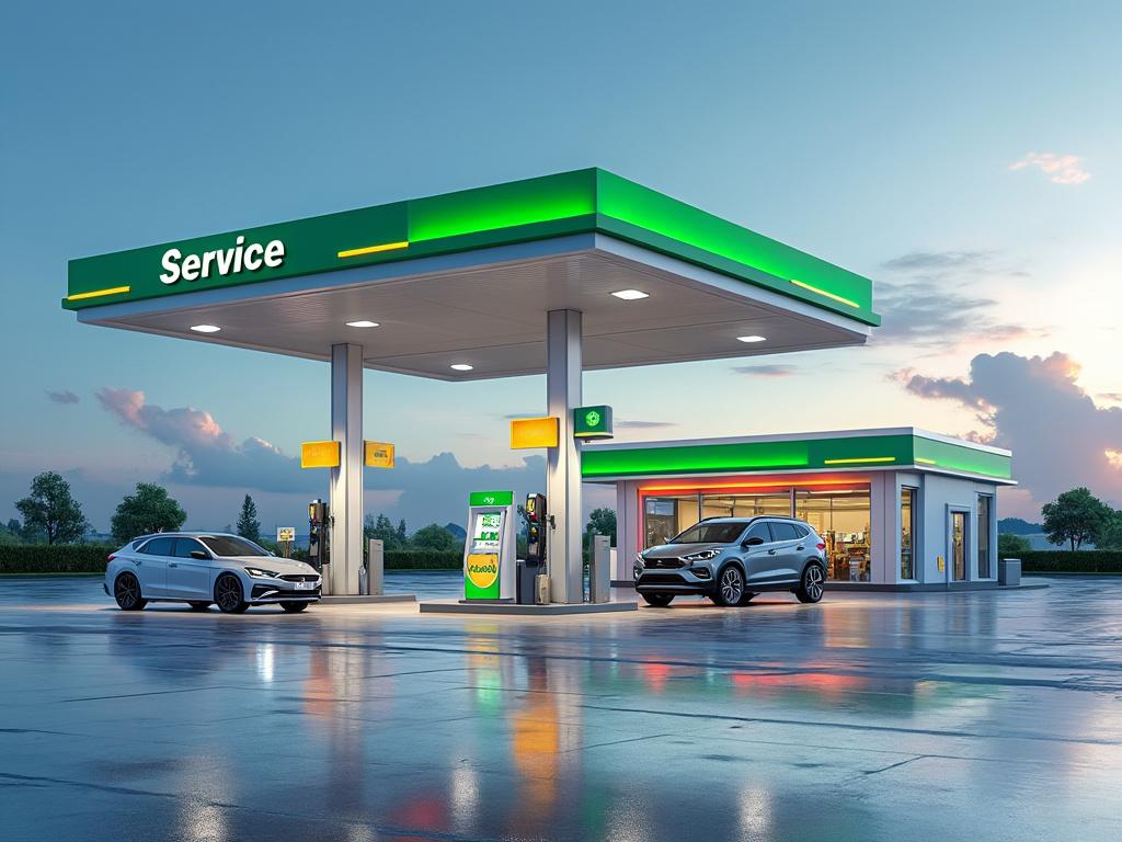 Estación de servicio moderna al atardecer con dos coches estacionados junto a los surtidores de gasolina.