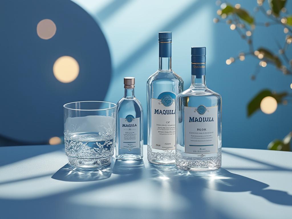 Botellas de bebida alcohólica Maquila en diferentes tamaños junto a un vaso de cristal sobre una mesa azul, con fondo decorativo y luces difusas.
