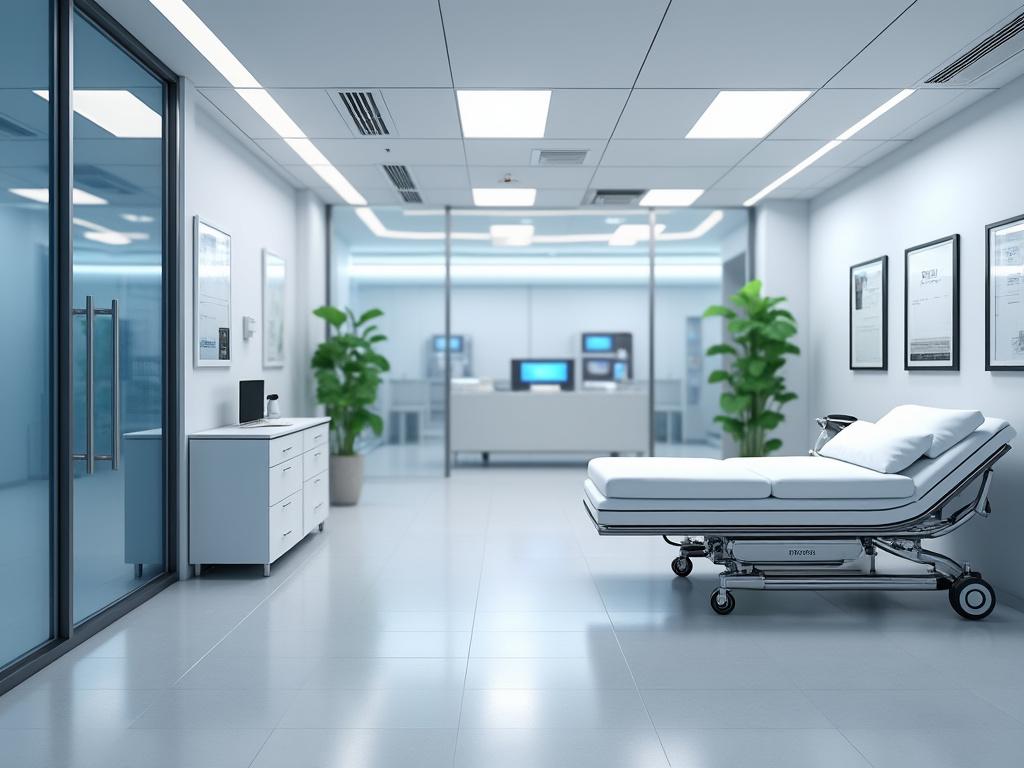 Sala médica moderna con camilla, paredes blancas, plantas verdes, y muebles minimalistas.