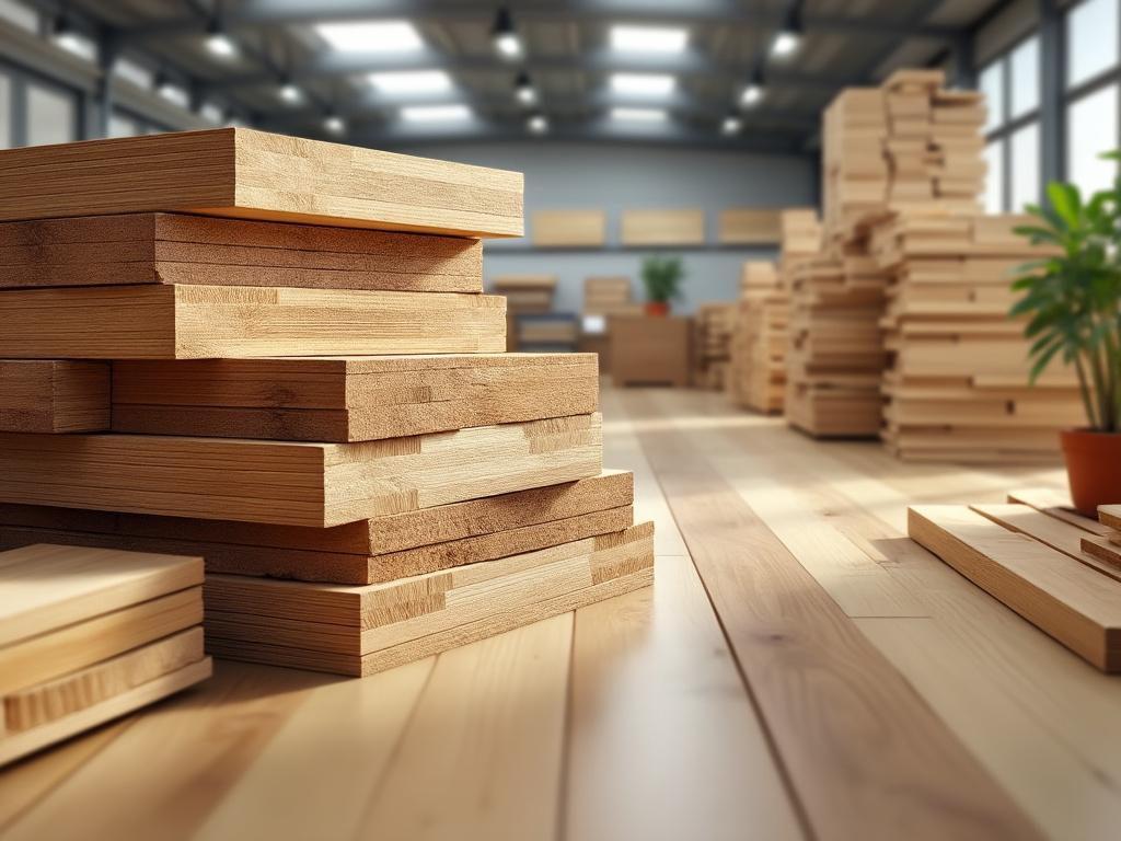 Pilas de tablas de madera en un almacén iluminado con plantas en el fondo.