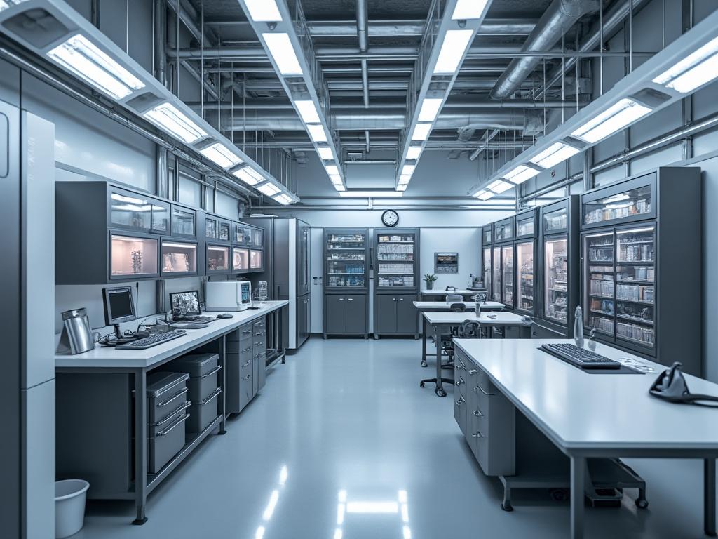 Laboratorio moderno con mesas de trabajo, computadoras y estantes llenos de equipo científico y materiales.