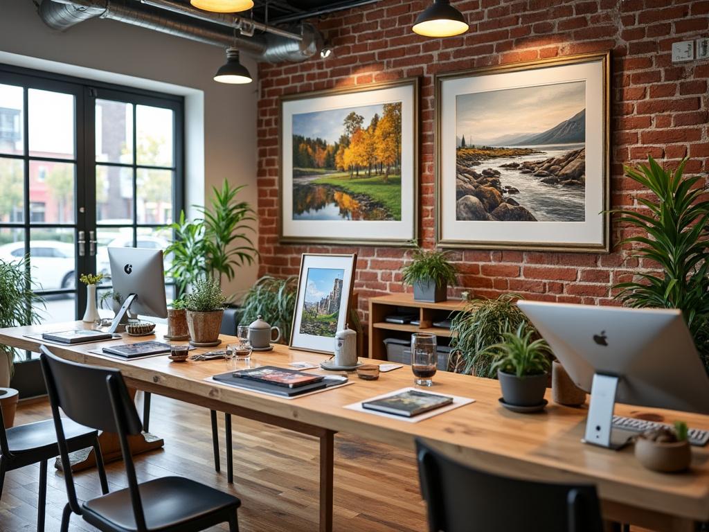 Modern office with wooden desks, computers, plants, brick walls, and landscape paintings.