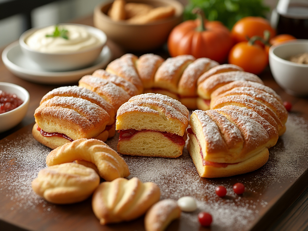 Pan dulce en forma de corona relleno de mermelada, espolvoreado con azúcar glas, rodeado de galletas y vegetales frescos en una mesa de madera.