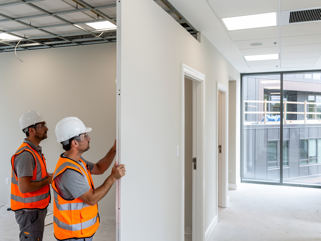 Trabajadores de construcción con casco y chaleco inspeccionando paredes interiores en obra de oficina moderna