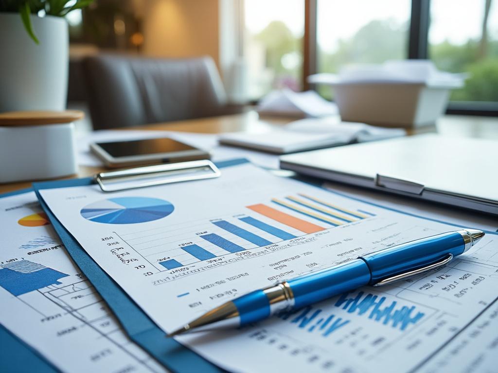 Mesa de oficina con gráficos financieros, bolígrafo azul, teléfono y portátil en enfoque.