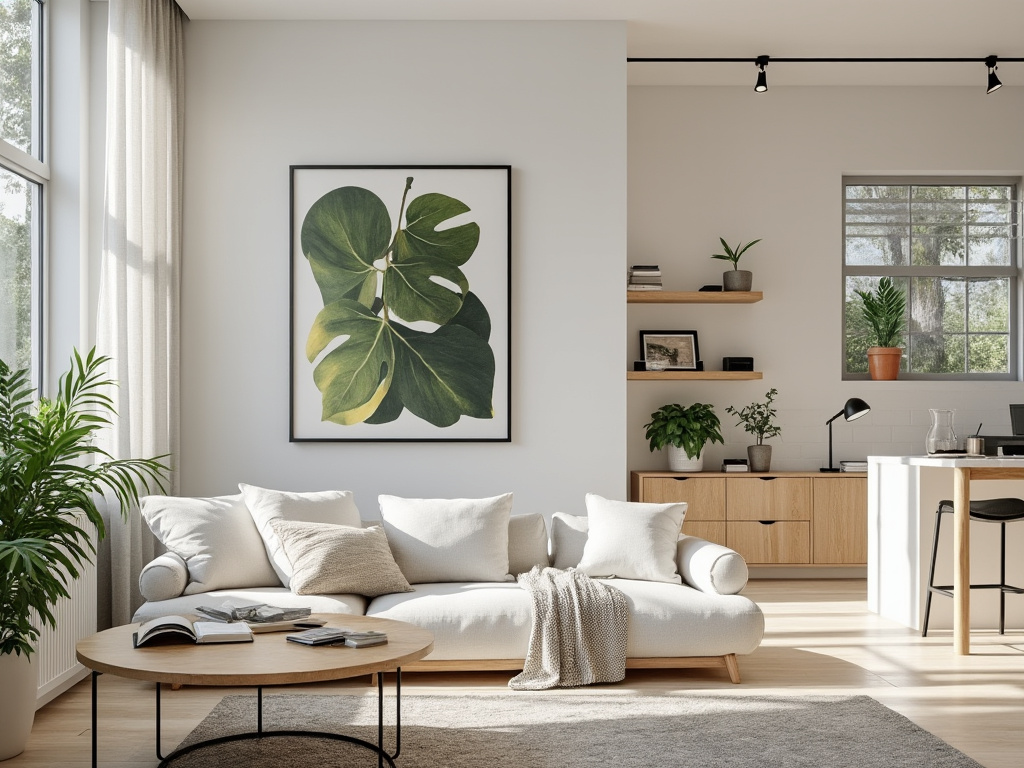 Modern living room with white sofa, large green leaf artwork, indoor plants, wooden shelves, and natural light.