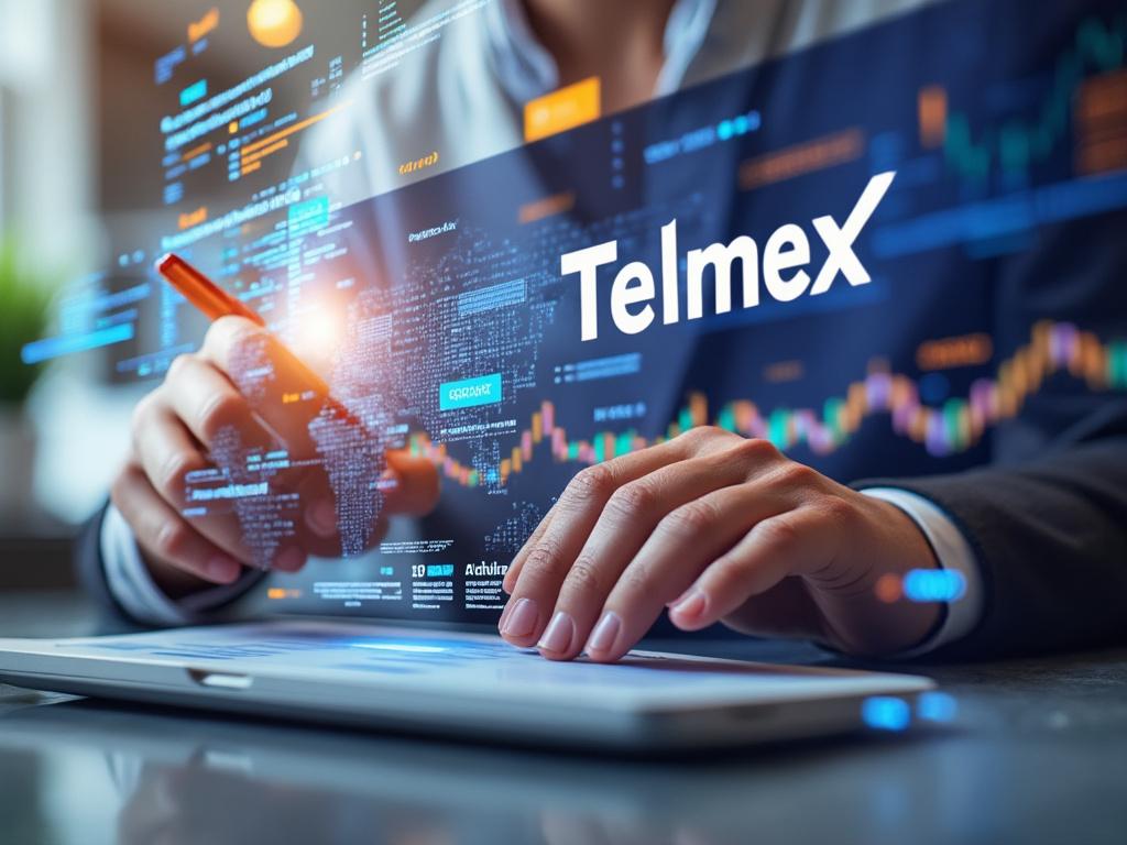 Manos escribiendo en computadora portátil con gráficos financieros y logotipo de Telmex.
