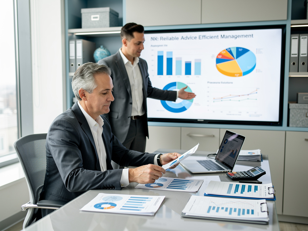 Consultores de negocios analizando gráficos financieros en una presentación de gestión empresarial en oficina moderna Consultores de negocios analizando gráficos financieros en una presentación de gestión empresarial en oficina moderna