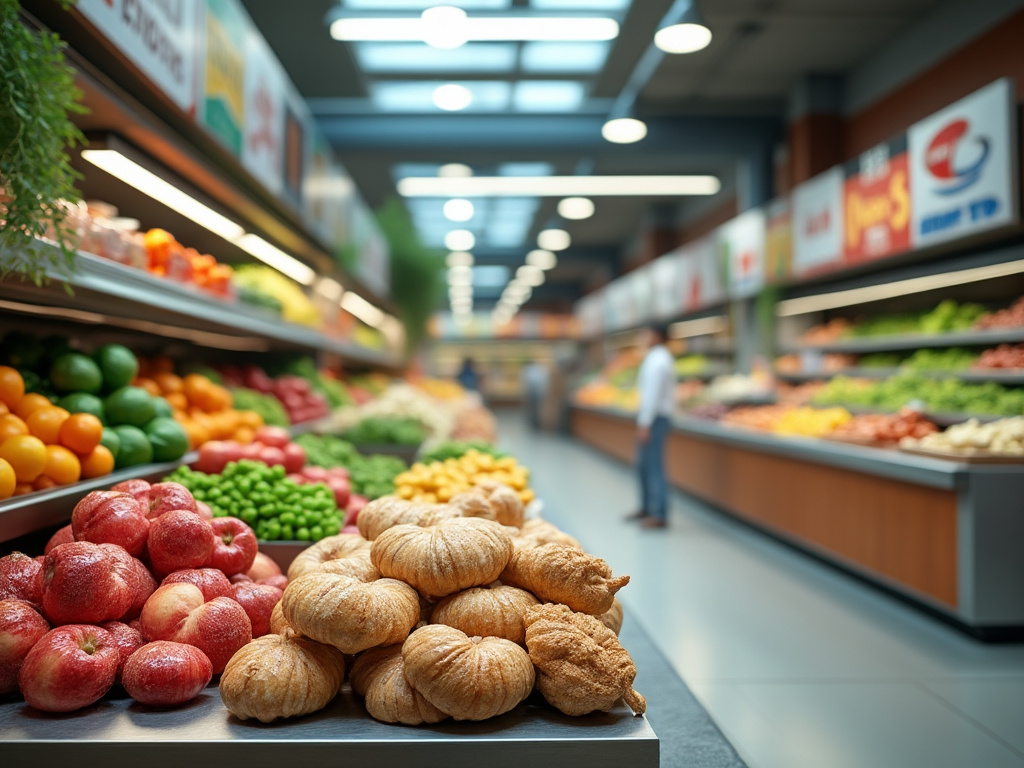 Interior de un mercado con variedad de frutas y verduras frescas en exhibición.