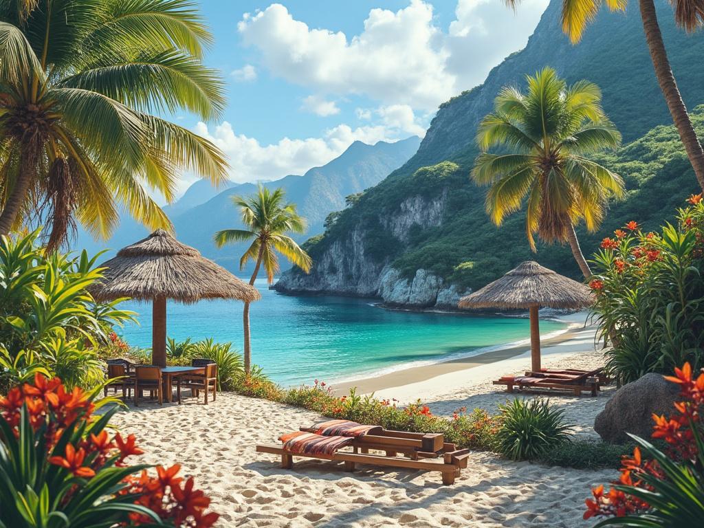 Playa tropical con palmeras, sombrillas de paja y tumbonas frente al mar turquesa y montañas verdes al fondo. Playa tropical con palmeras, sombrillas de paja y tumbonas frente al mar turquesa y montañas verdes al fondo.