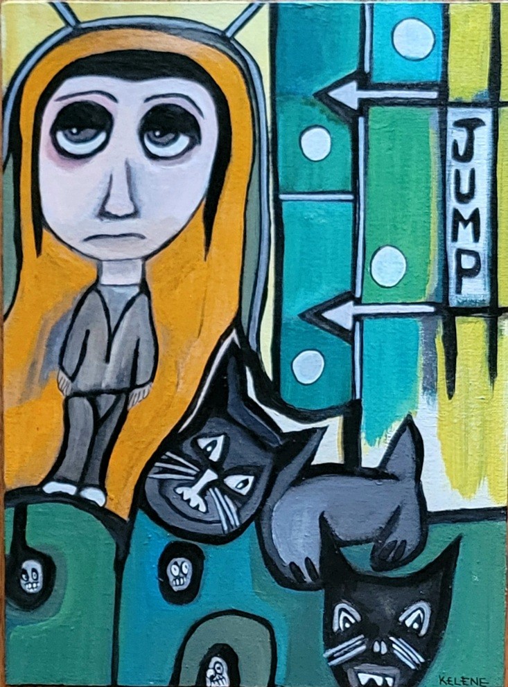 Title Jump 12 x 16. Acrylic on wood panel. Kelene 2025 $125.00