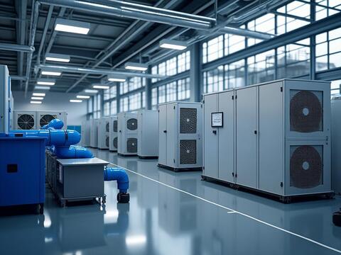Sala industrial con sistemas de ventilación y climatización, grandes conductos azules y unidades de control.