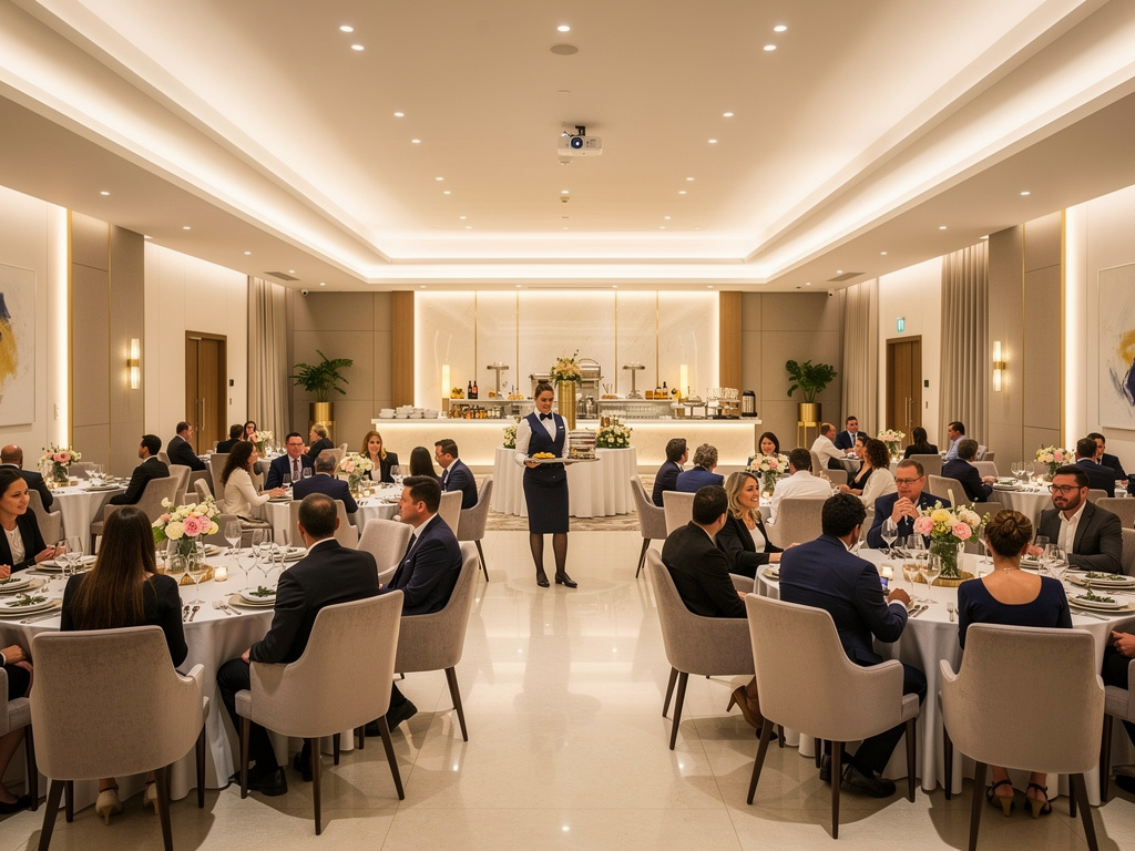Banquete corporativo elegante en salón moderno con invitados en mesas redondas, camarera sirviendo y buffet iluminado al fondo