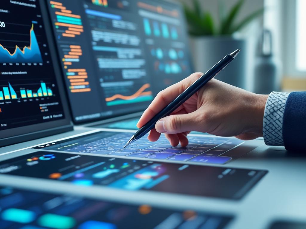 Persona usando un lápiz interactivo sobre una pantalla táctil con gráficos y datos financieros en pantallas múltiples de fondo.
