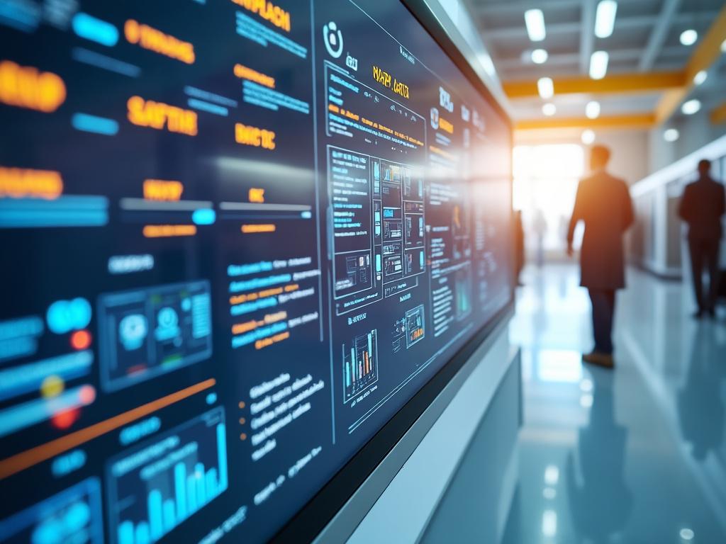 Pantalla digital con gráficos de datos en un entorno corporativo moderno con personas de fondo.